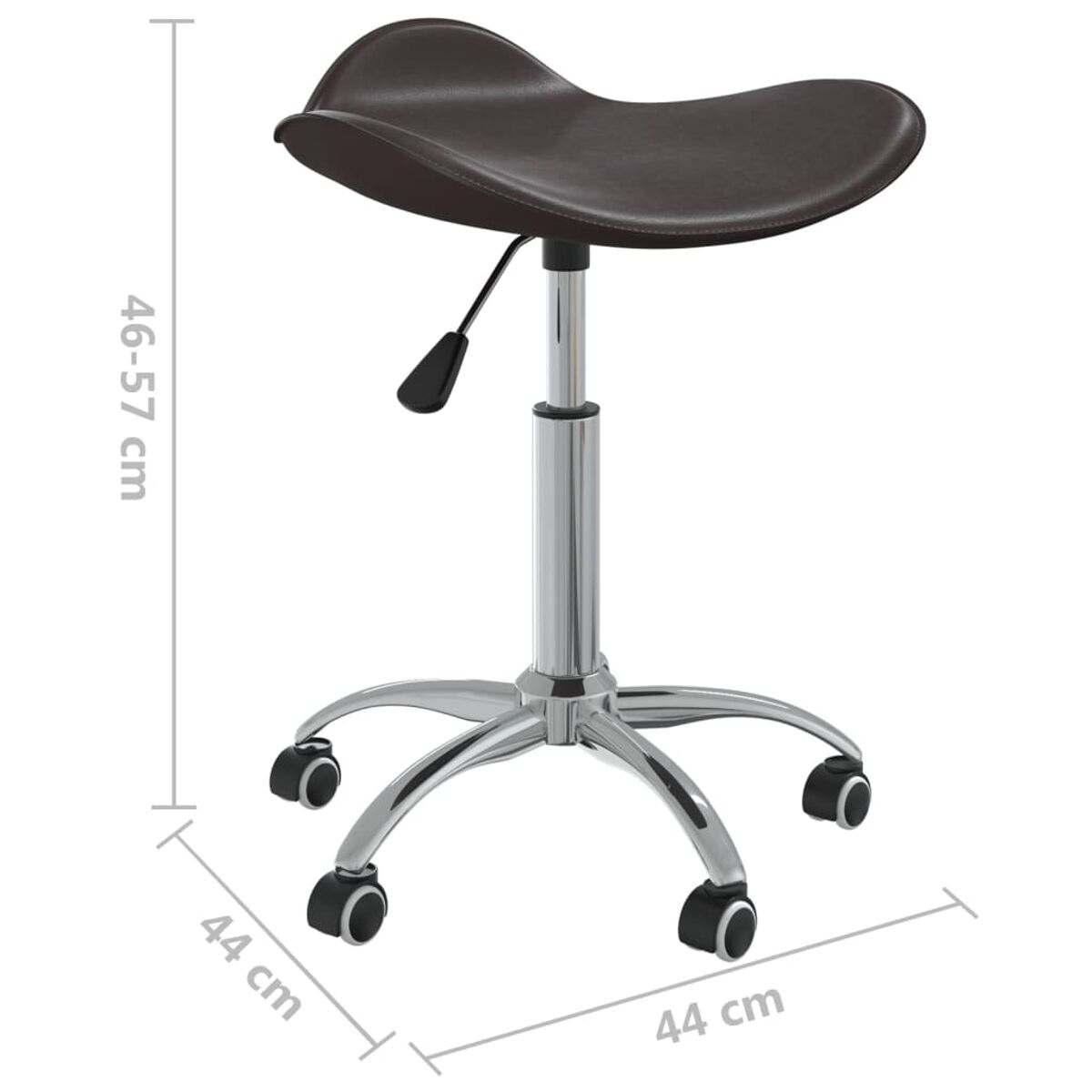 Taburete ajustable marrón con ruedas, dimensiones etiquetadas. Fondo blanco.