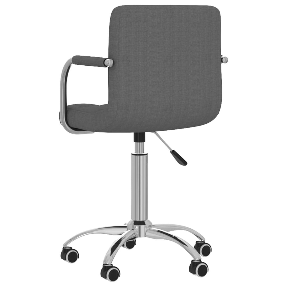 Grauer Stoff-Bürostuhl, Chromgestell und Armlehnen, von hinten gesehen.