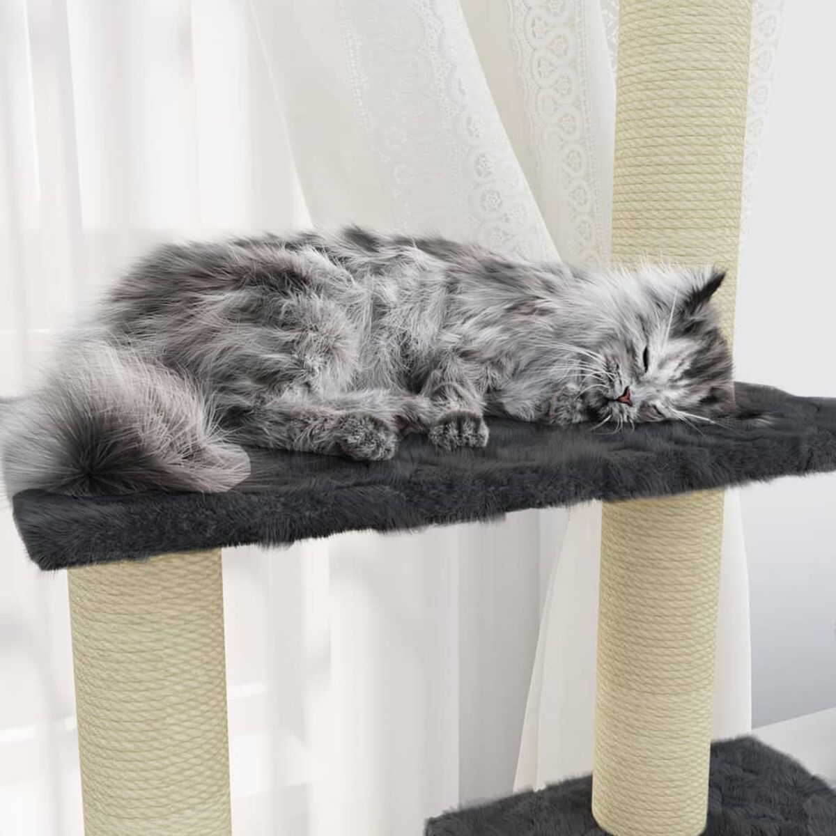 Katze schläft auf Katzenbaum. Graue Katze auf grauem Plüschbett. Weißer Vorhanghintergrund.