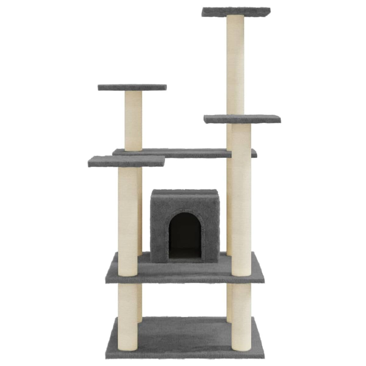 Katzenturm mit mehreren Ebenen, grauen Plattformen, beigen Pfosten und einem grauen Haus.