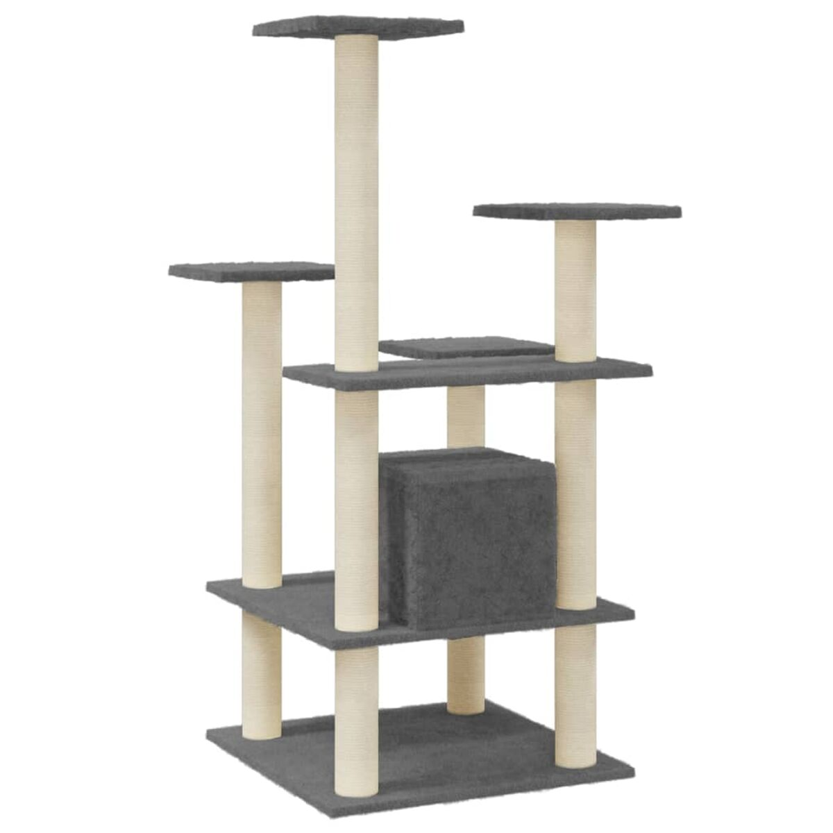 Katzenbaum mit grauen Plattformen, Pfosten und einem Würfel. Weißer Hintergrund.