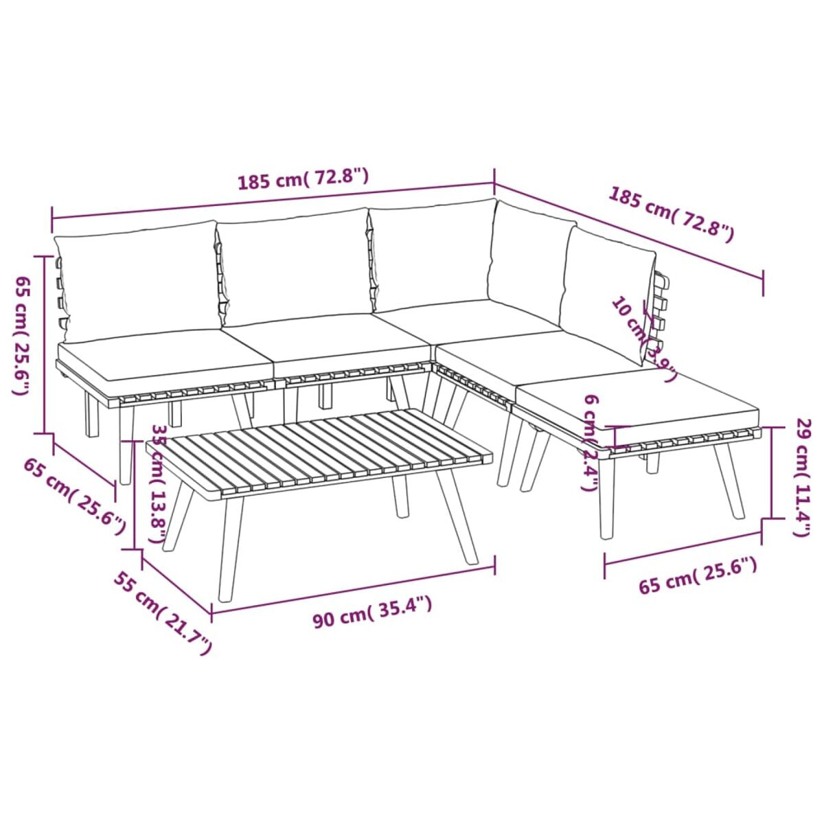 L-förmiges Outdoor-Ecksofa mit Couchtisch auf einer Terrasse, mit angegebenen Abmessungen.