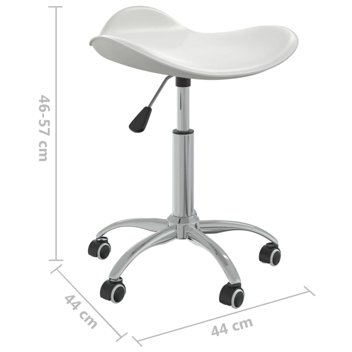 Weißer Rollhocker mit gebogener Sitzfläche und Chromgestell mit Rädern.