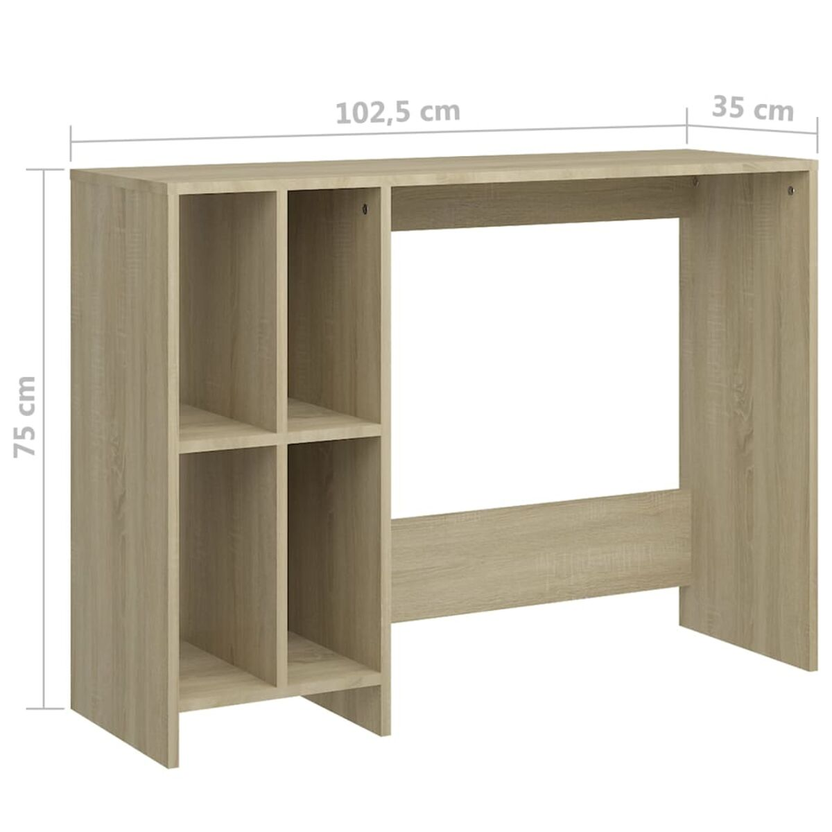 Heller Holzschreibtisch mit Regalen auf einer Seite und offenem Raum auf der anderen Seite. Abmessungen enthalten.