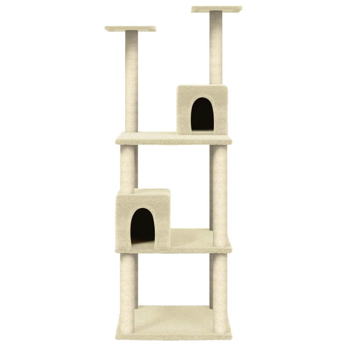 Ein beiger Katzenturm mit mehreren Ebenen und Verstecken.