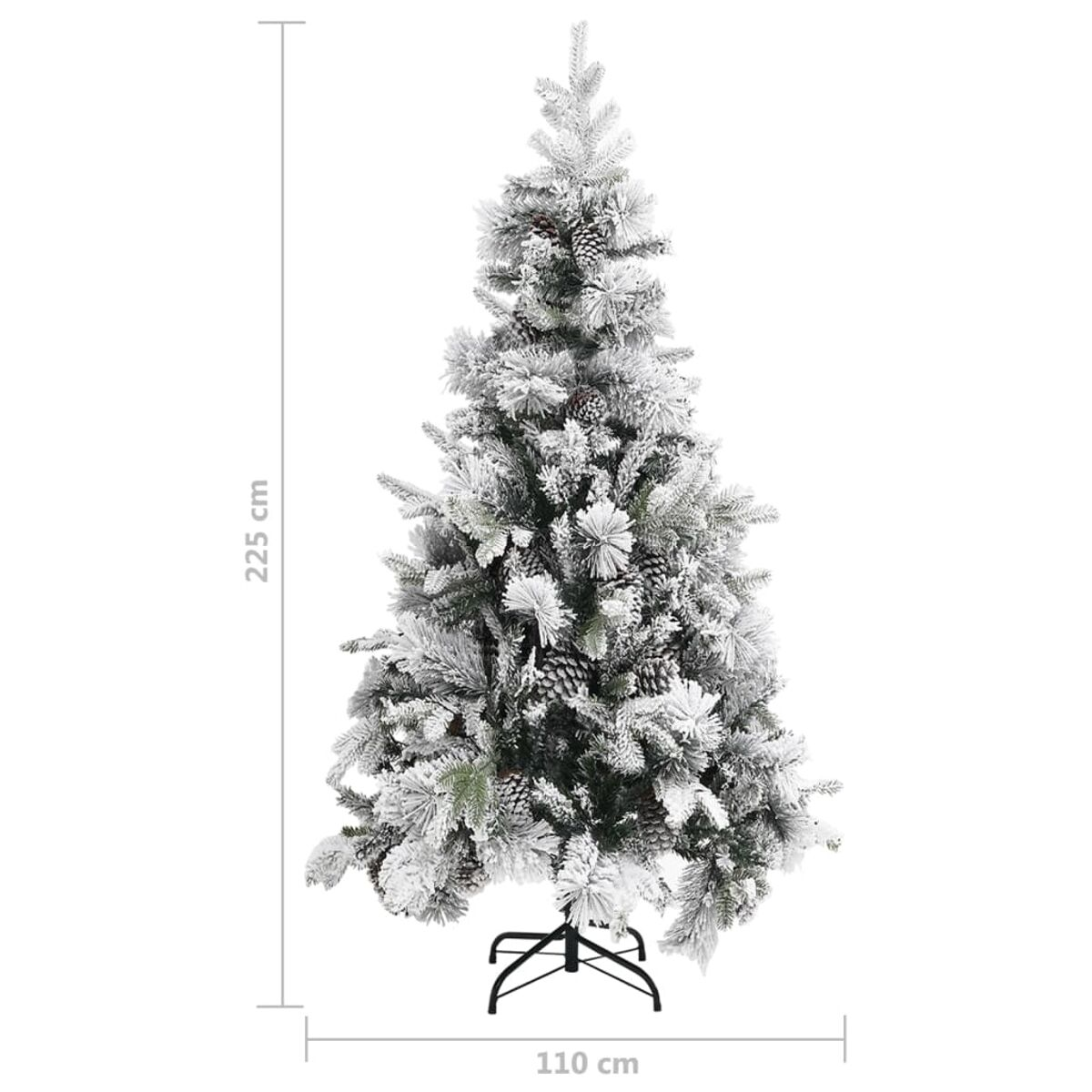 Künstlicher Weihnachtsbaum, schneebedeckt mit Tannenzapfen, vor weißem Hintergrund.