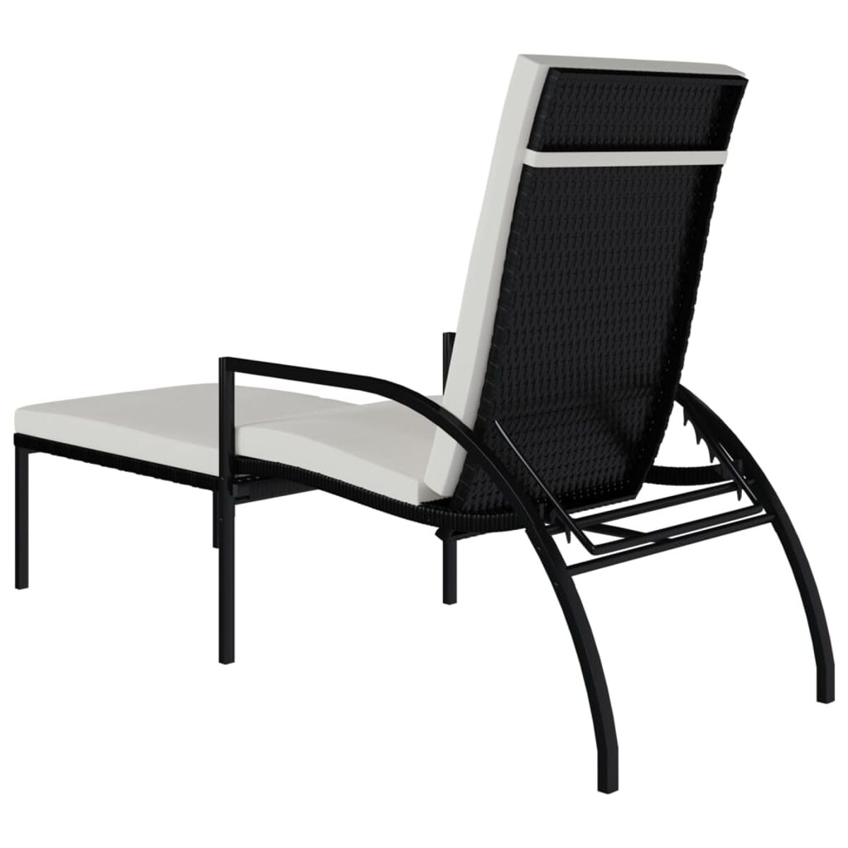 Schwarz-weiße Outdoor-Sonnenliege. Schwarzer Rahmen, weiße Kissen und gewebter Rücken.