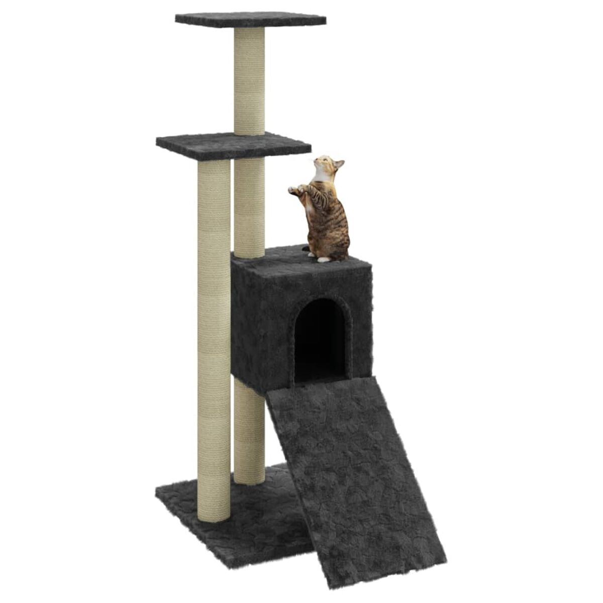 Ein Katzenbaum mit einer Katze oben. Es hat mehrere Ebenen und eine Rampe.