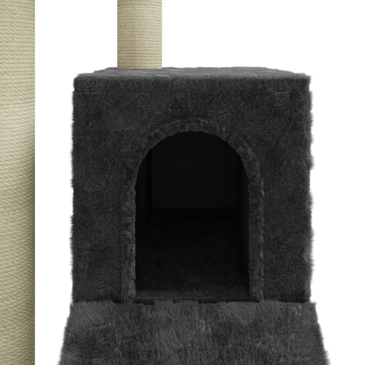 Dunkelgrauer Katzenbaum. Er hat eine dunkelgraue Höhle und einen Kratzbaum.