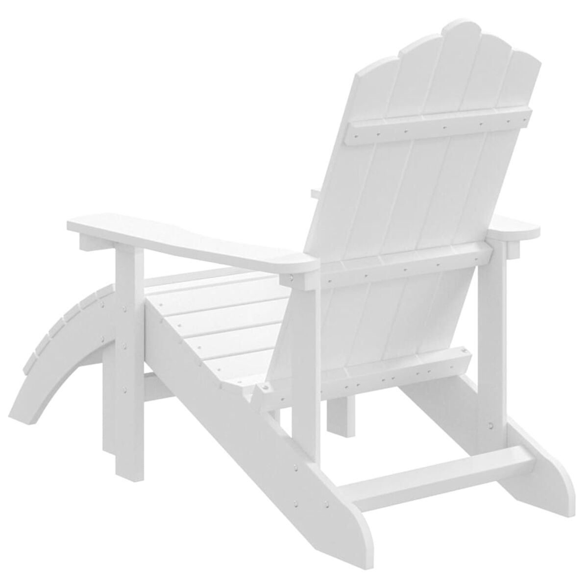 Weißer Adirondack-Stuhl von hinten, mit Lattenrücken und geschwungenen Armlehnen.