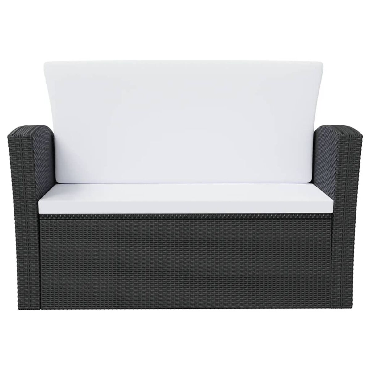 Schwarzes gewebtes Outdoor-Sofa mit weißem Kissen und hoher Rückenlehne. Das Sofa hat Armlehnen.