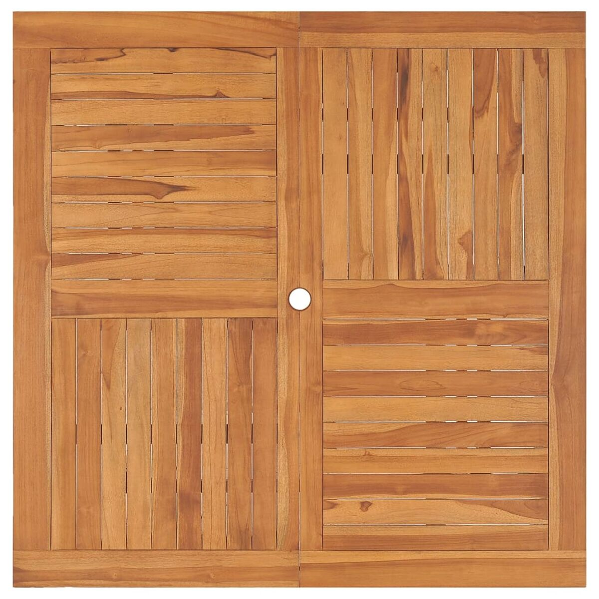 Quadratische Tischplatte aus Holz mit Holzpaneelen in einem Muster angeordnet.