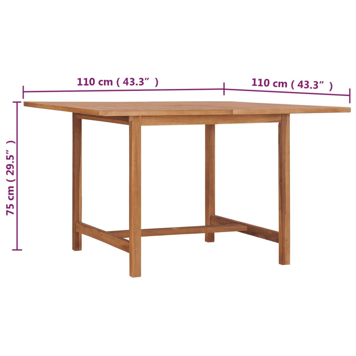 Quadratischer Holztisch mit Maßen. Er hat eine natürliche Holzoberfläche und ist im Freien.