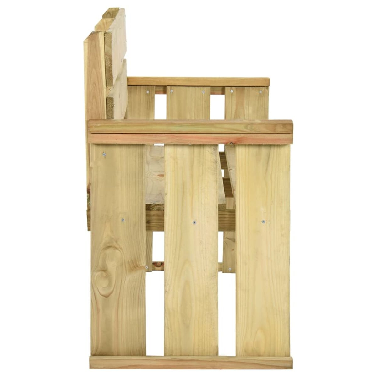 Seitenansicht einer Palettenbank aus Holz. Sie hat eine Rückenlehne und Sitzfläche.