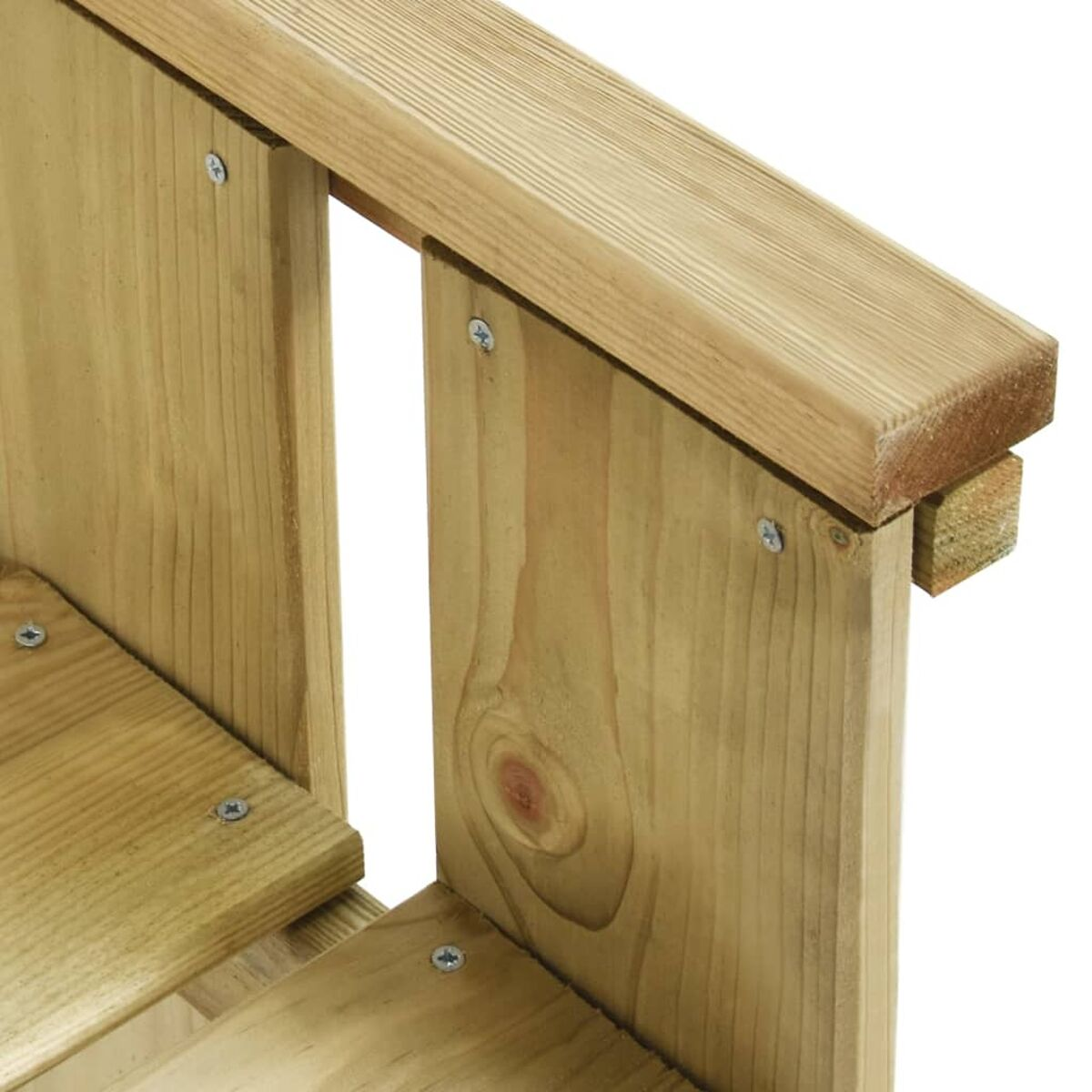 Nahaufnahme von Holzmöbelverbindungen. Das Holz ist hell, und Schraubenköpfe sind sichtbar.