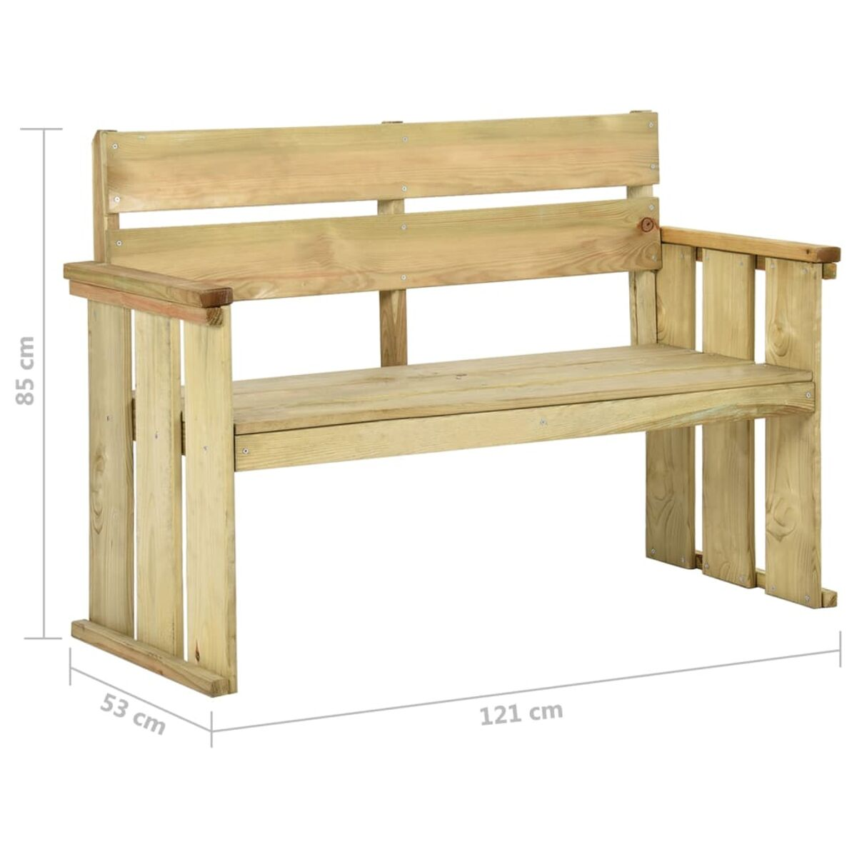 Holzbank mit Armlehne. Misst 121cm breit, 85cm hoch, 53cm tief, in heller Holzfarbe.