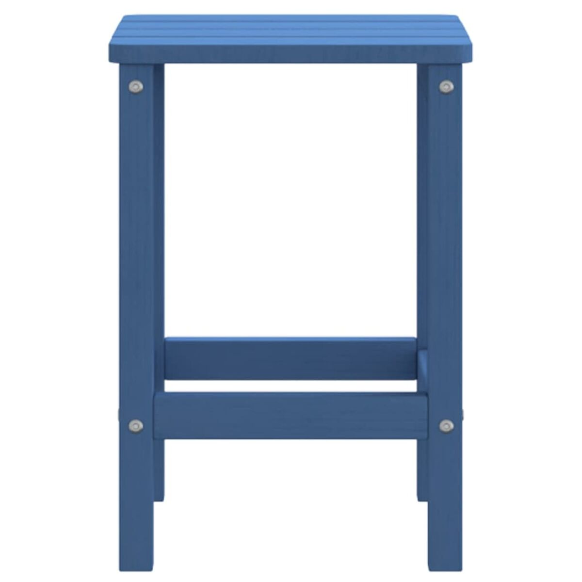Blauer Beistelltisch aus Holz. Quadratische Oberseite, vier Beine. Einfaches, solides Design.