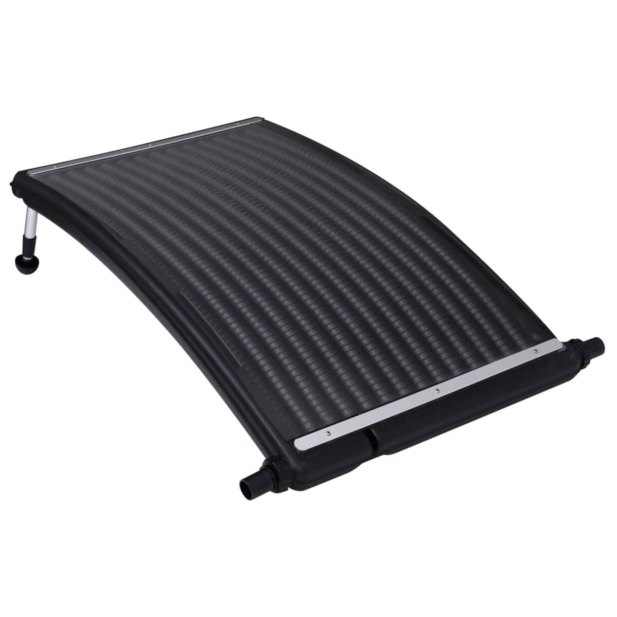 Schwarzer, gebogener Solar-Poolheizer mit schwarzen Rohren und silbernen Schienen auf weißem Hintergrund.