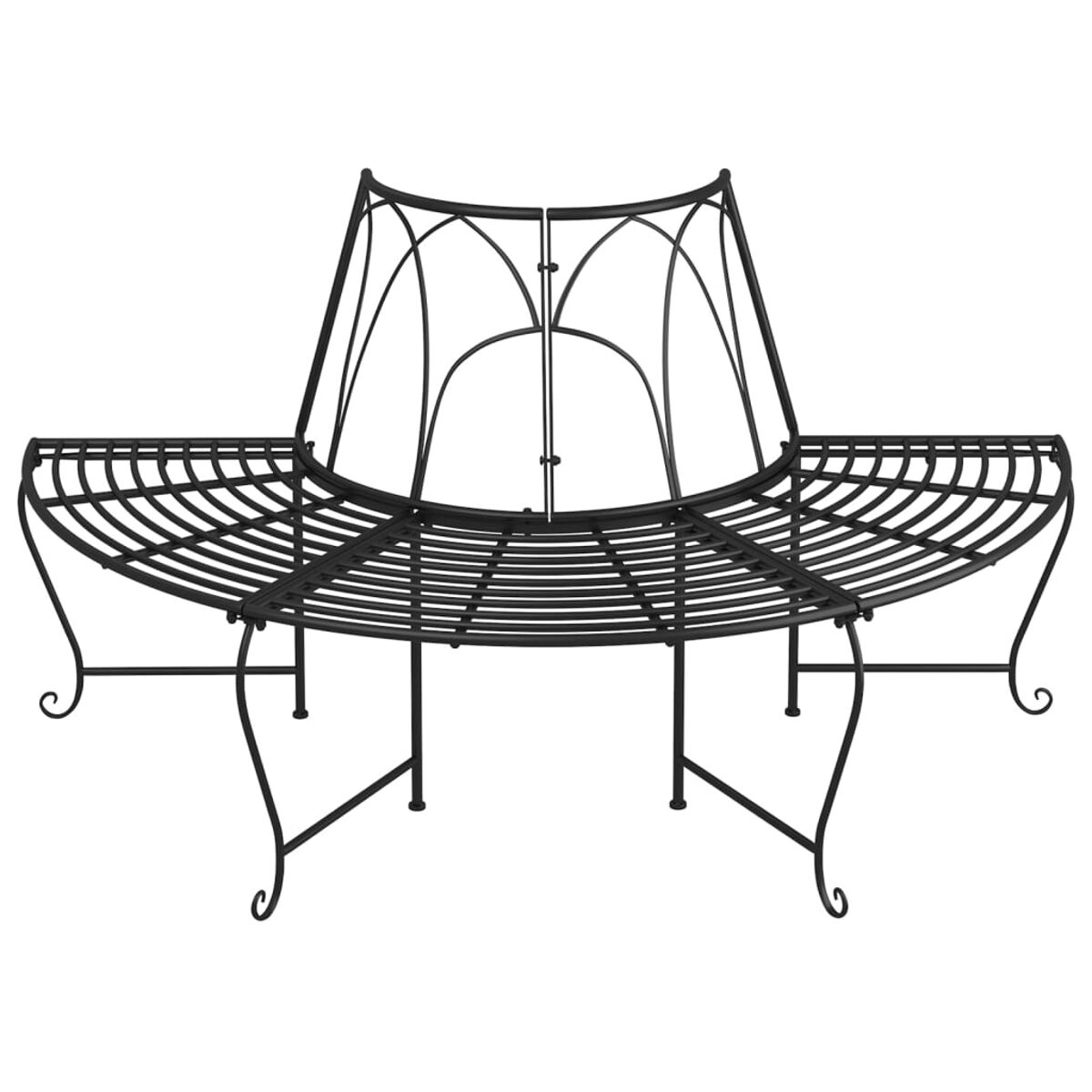 Schwarze Metallparkbank mit geschwungenem Design. Die Bank hat eine einzigartige Form mit dekorativem Rücken.
