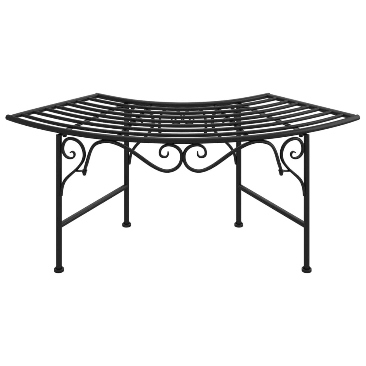 Una panca in metallo nero con piano decorativo e design curvo, su sfondo bianco.