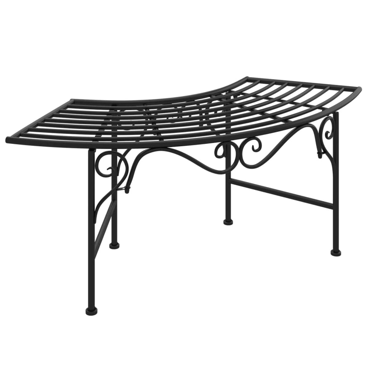 Una struttura a pergola ad arco in metallo nero con volute decorative, isolata su bianco.