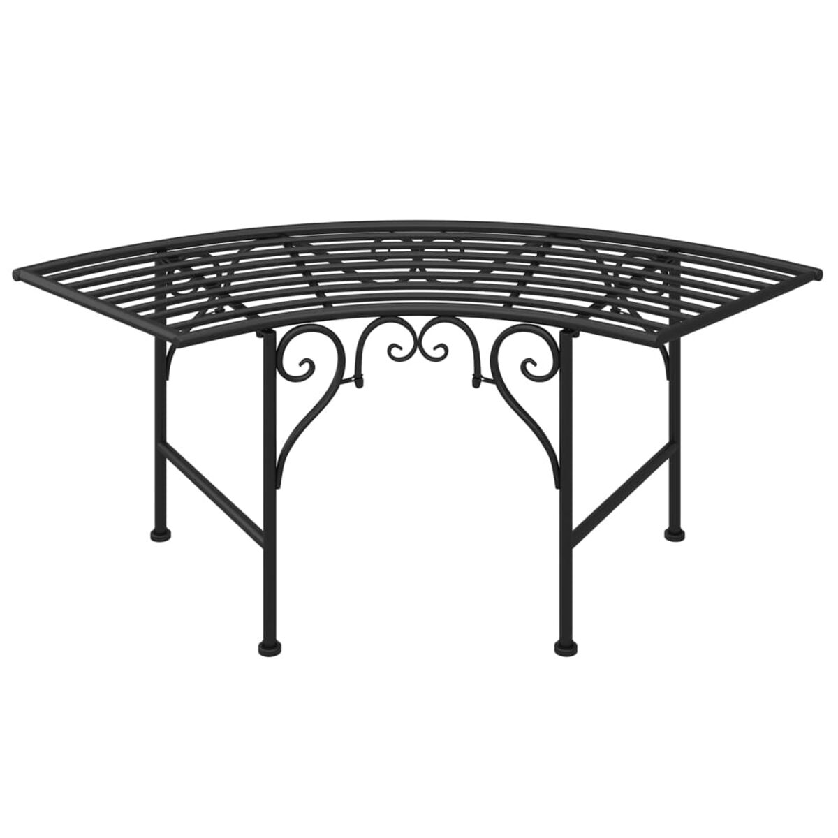 Panca in metallo nero. Design curvo. Elementi decorativi. Sfondo bianco.