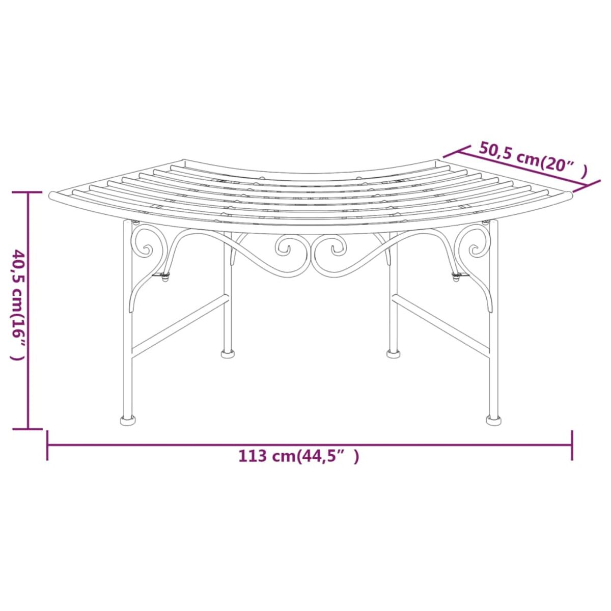 Tavolo da esterno curvo in metallo con gambe decorative. Dimensioni indicate.