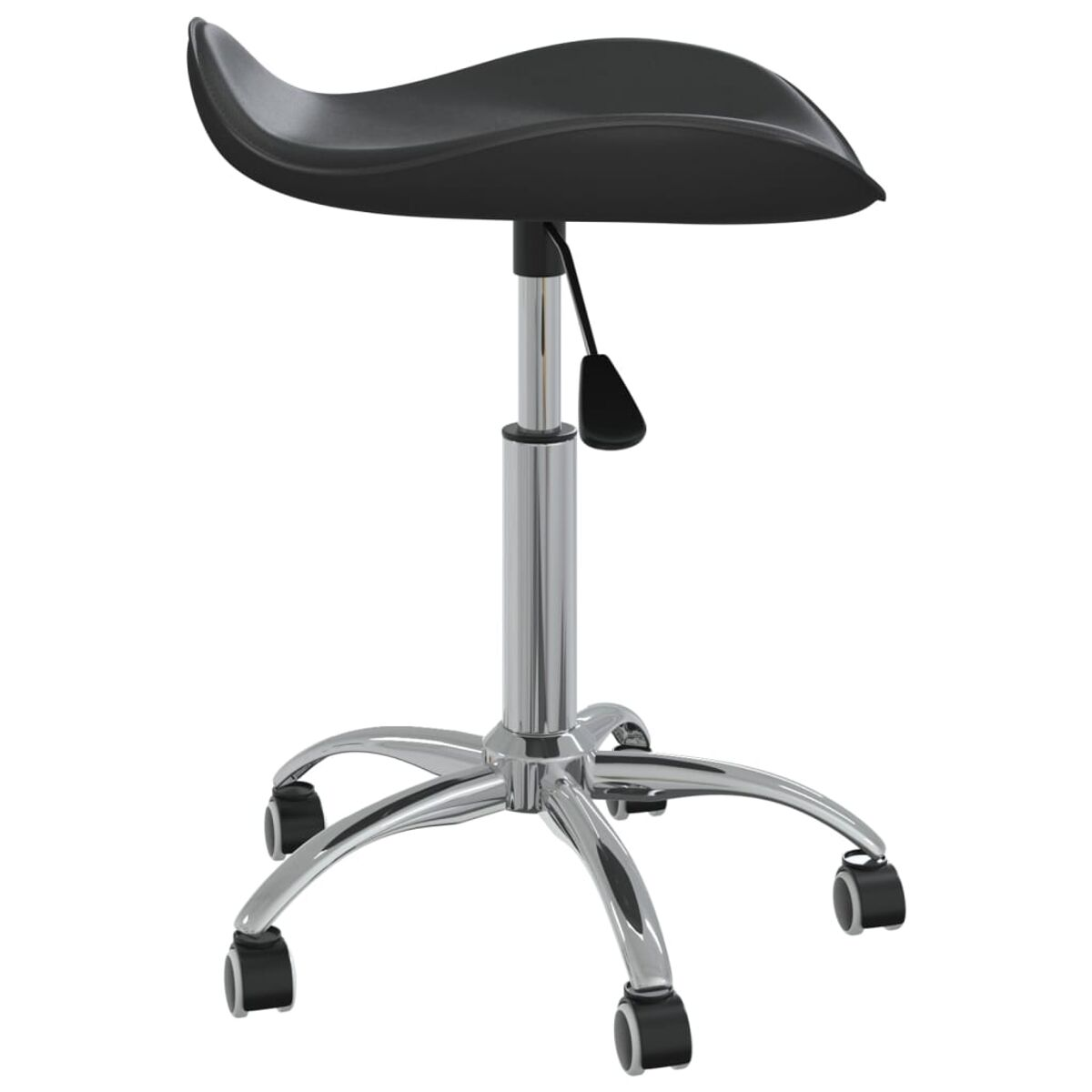 Schwarzer, höhenverstellbarer Hocker mit schwarzem Sitz und Chromfuß mit Rädern.