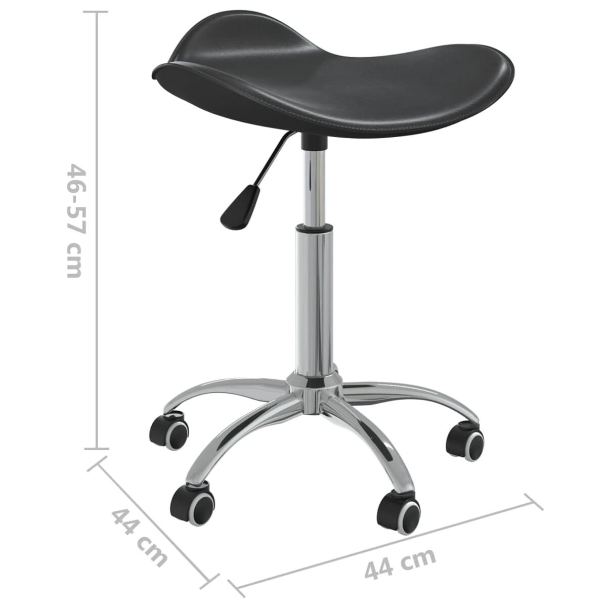 Schwarzer, verstellbarer Hocker mit geschwungenem Sitz und Chromgestell, mit Maßen.