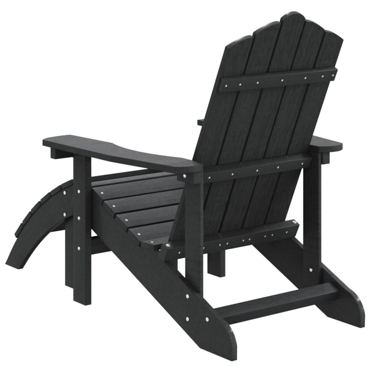 Schwarzer Adirondack-Stuhl, von hinten gesehen, mit sichtbaren Lamellen und Armlehnen.