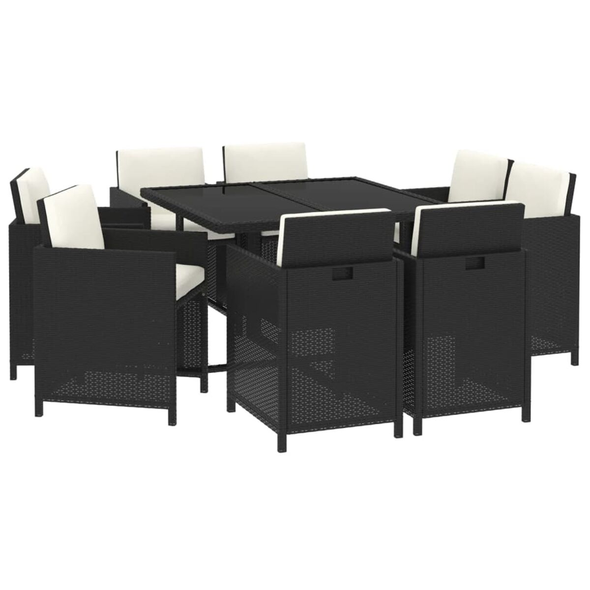 Schwarzes Outdoor-Ess-Set mit Kissen. Modernes Design. Weißer Hintergrund.