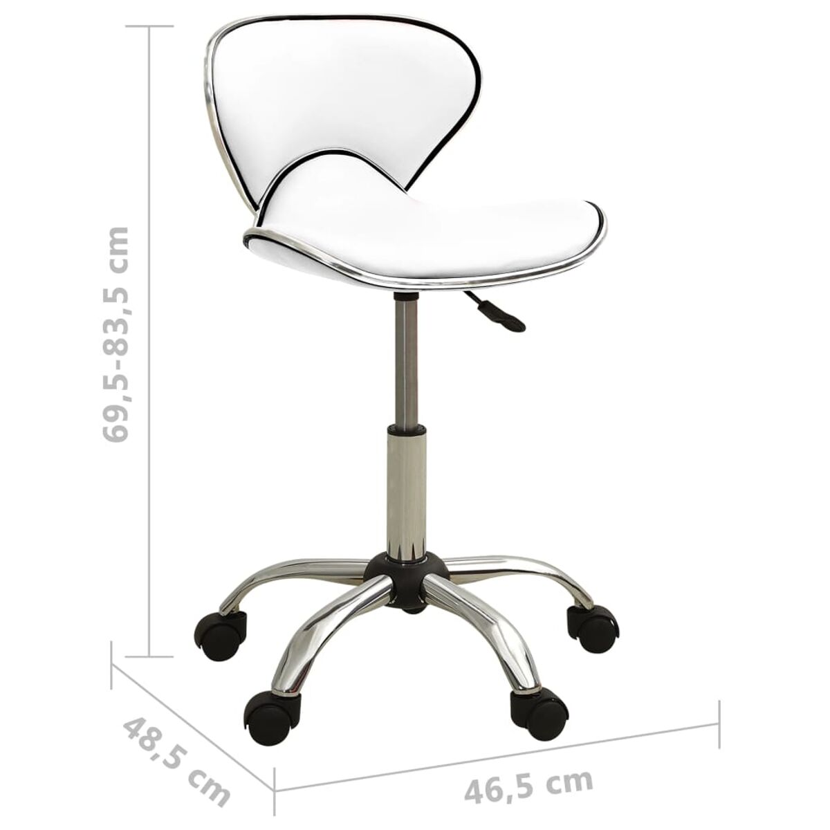 Weißer und silberner Drehstuhl mit Abmessungen. Weißer Hintergrund.