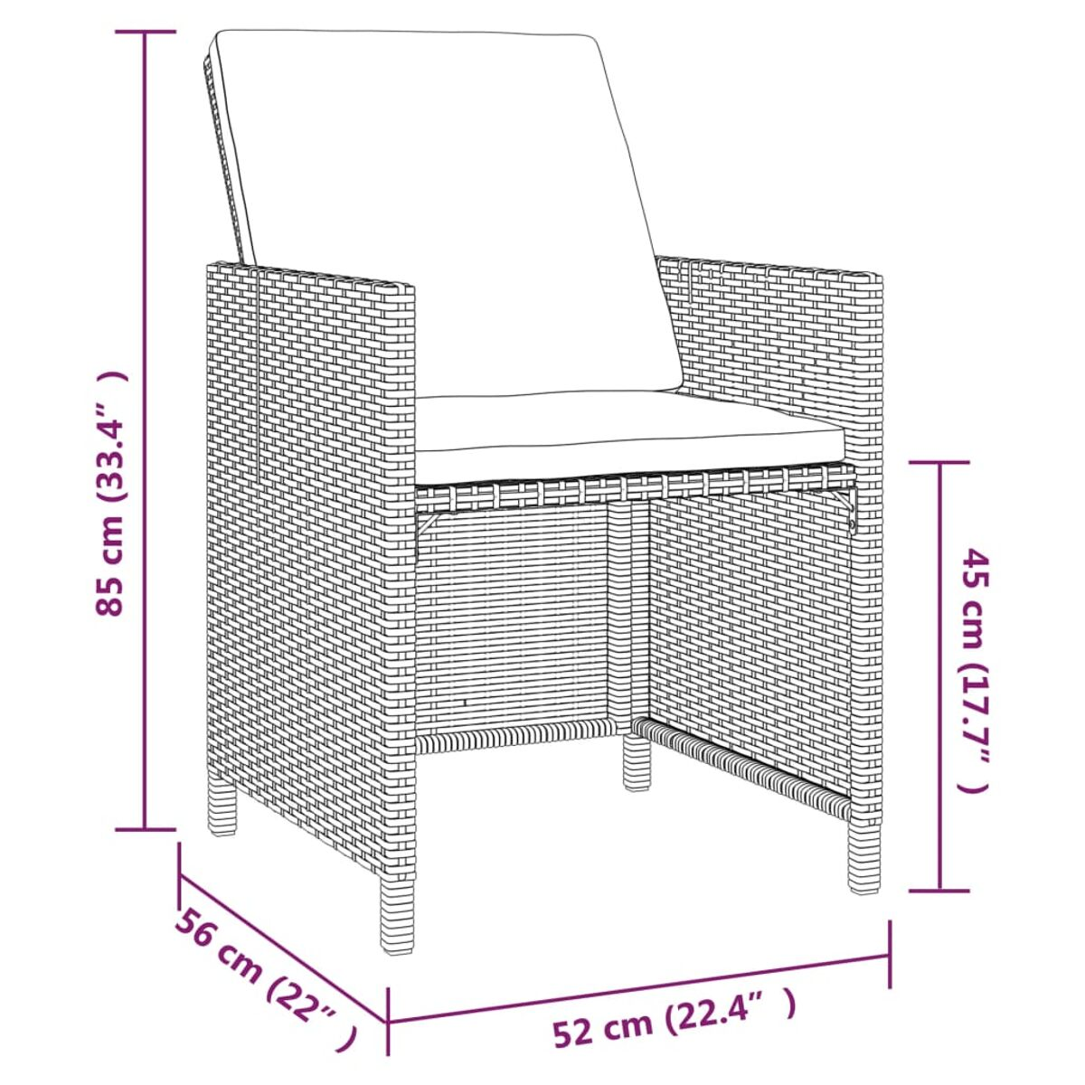 Stuhl für den Außenbereich mit Wicker-Design und Kissen. Abmessungen angegeben. Weißer Hintergrund.