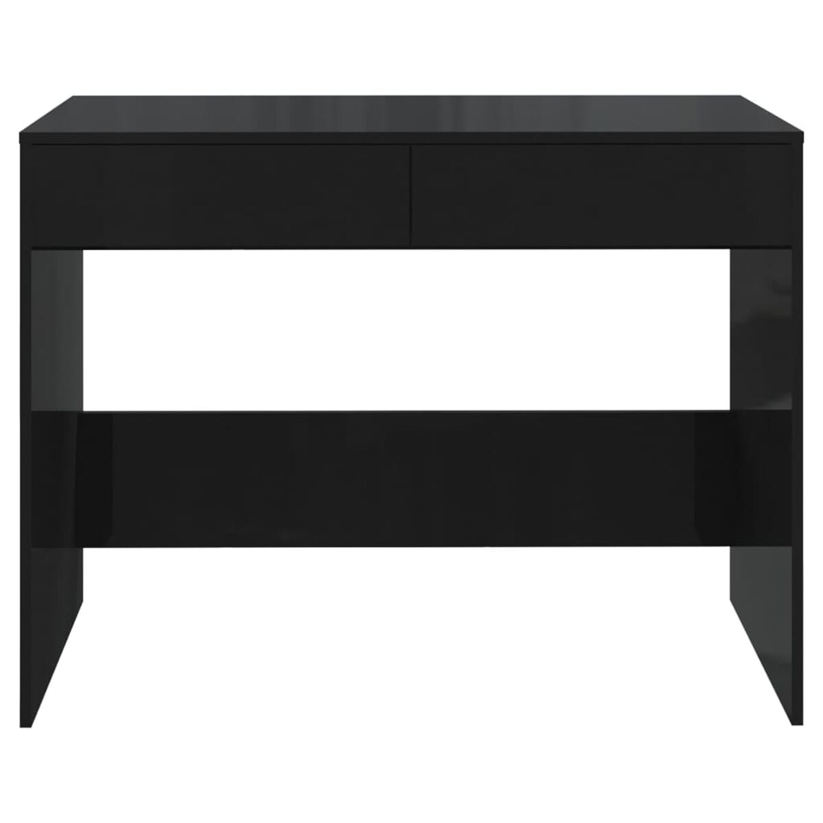 Schwarzer Schreibtisch mit zwei Schubladen und einem Regal. Glänzendes Finish, weißer Hintergrund.