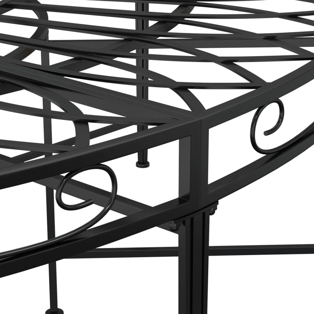 Schwarzes Metallmöbelgestell mit dekorativen Schnörkeln, Detailansicht des Designs.