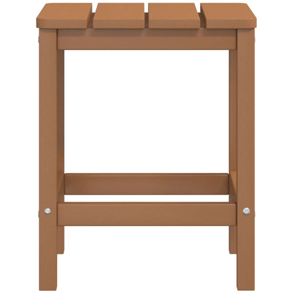 Brauner Beistelltisch aus Holz. Vier rechteckige Lamellen oben. Quadratischer Rahmen mit Beinen.
