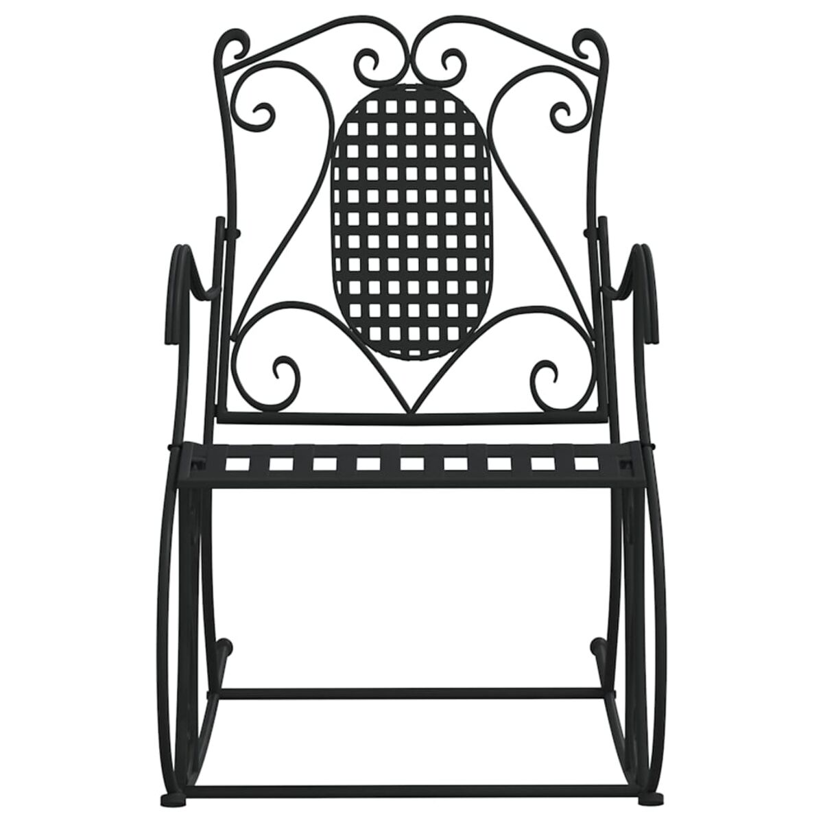 Ein schwarzer Schaukelstuhl aus Metall mit dekorativen Mustern und Schnörkeldesign.