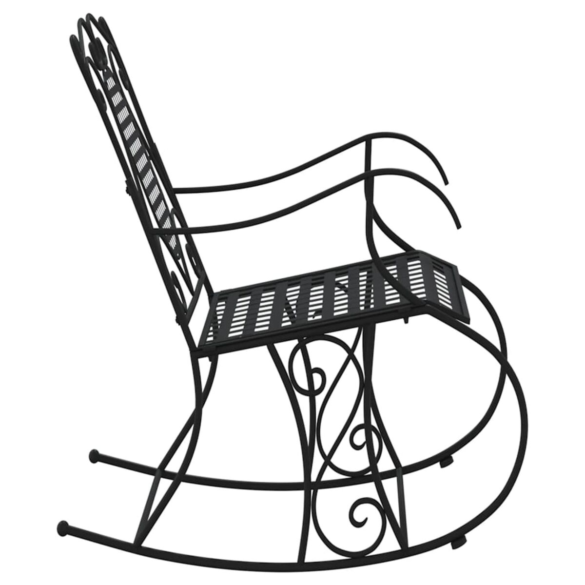 Schwarzer Schaukelstuhl aus Metall auf weißem Hintergrund. Dekoratives Metalldesign.