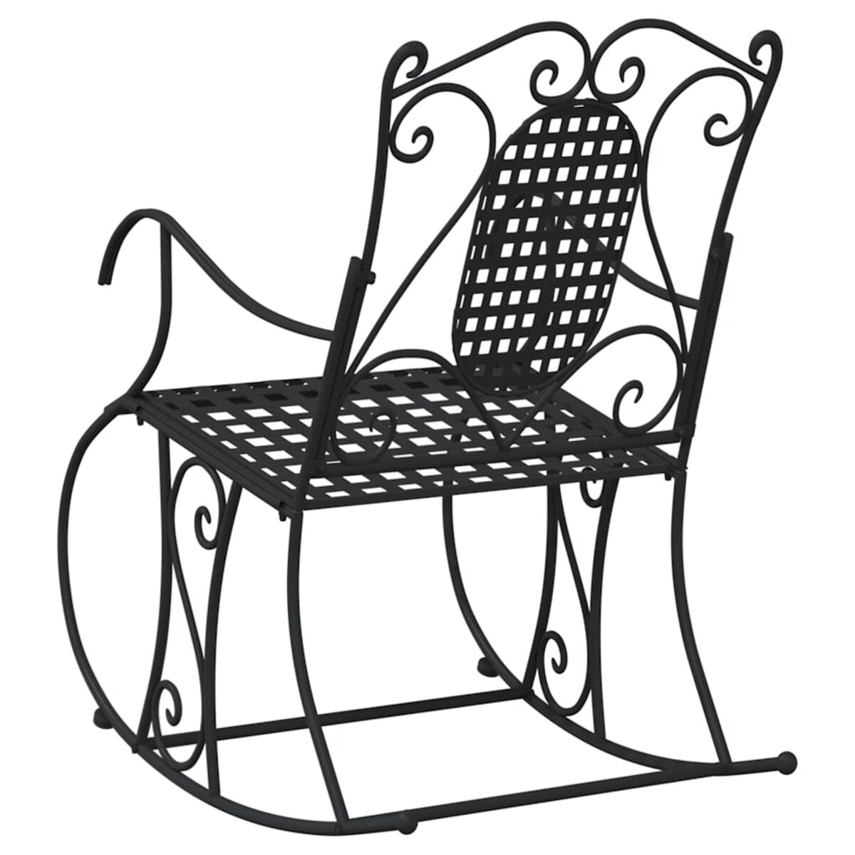 Schwarzer Schaukelstuhl aus Metall. Er hat eine gemusterte Rückenlehne und Sitzfläche.