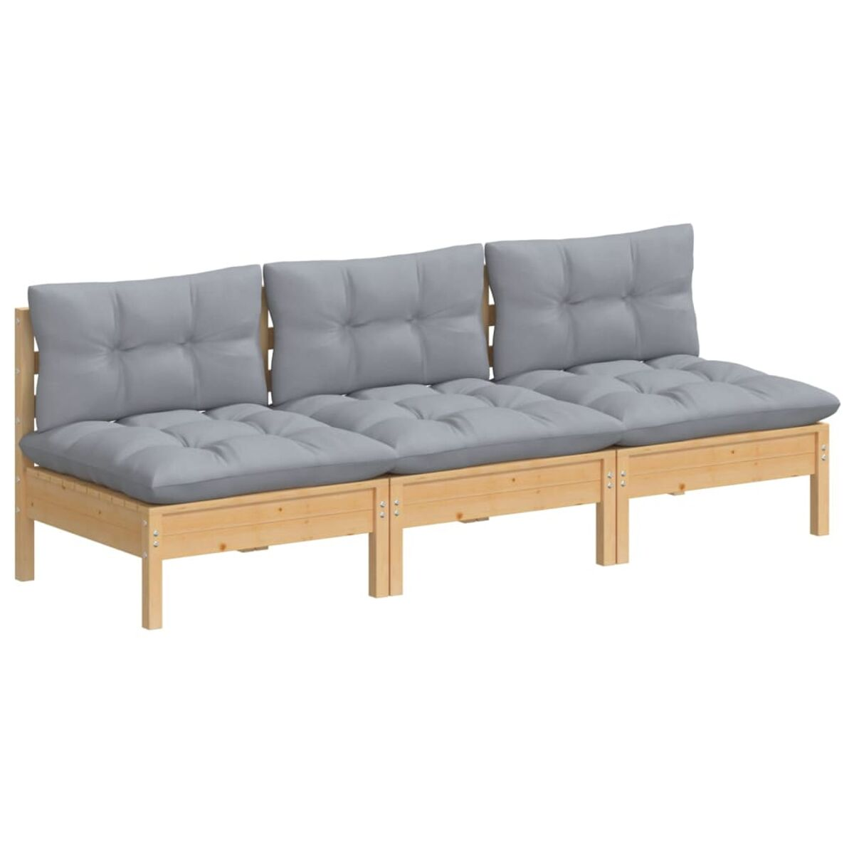 Outdoor-Sofa aus Holz mit drei grauen Kissen, vor weißem Hintergrund.