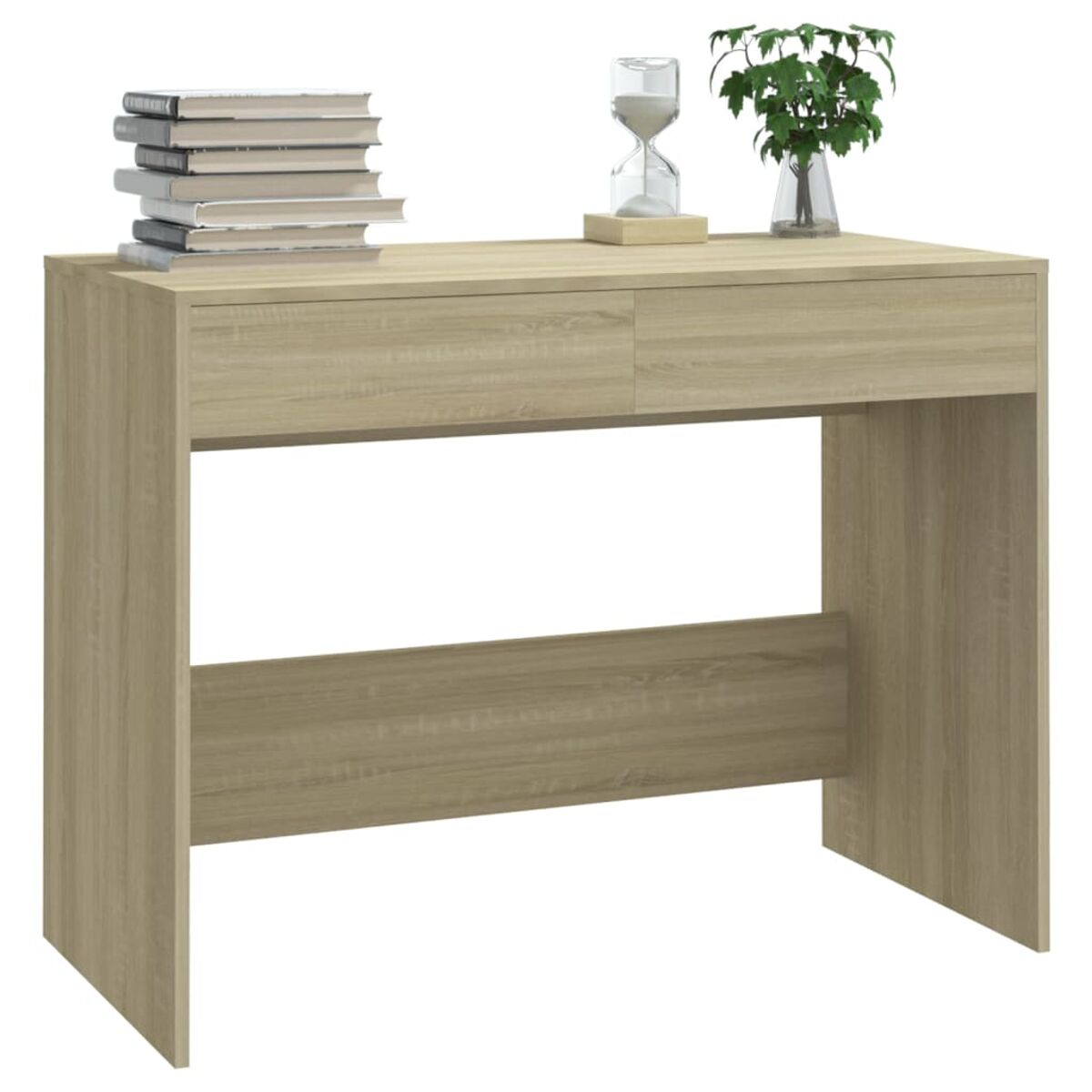 Ein Schreibtisch mit Büchern, einer Sanduhr und einer kleinen Pflanze. Zwei Schubladen.