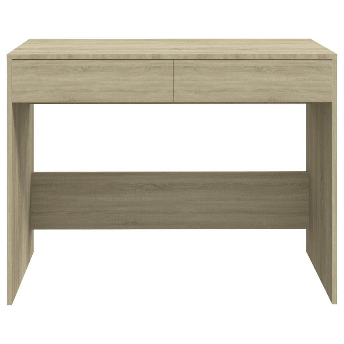 Holzschreibtisch mit zwei Schubladen und einfachem Design, hellbraune Farbe.