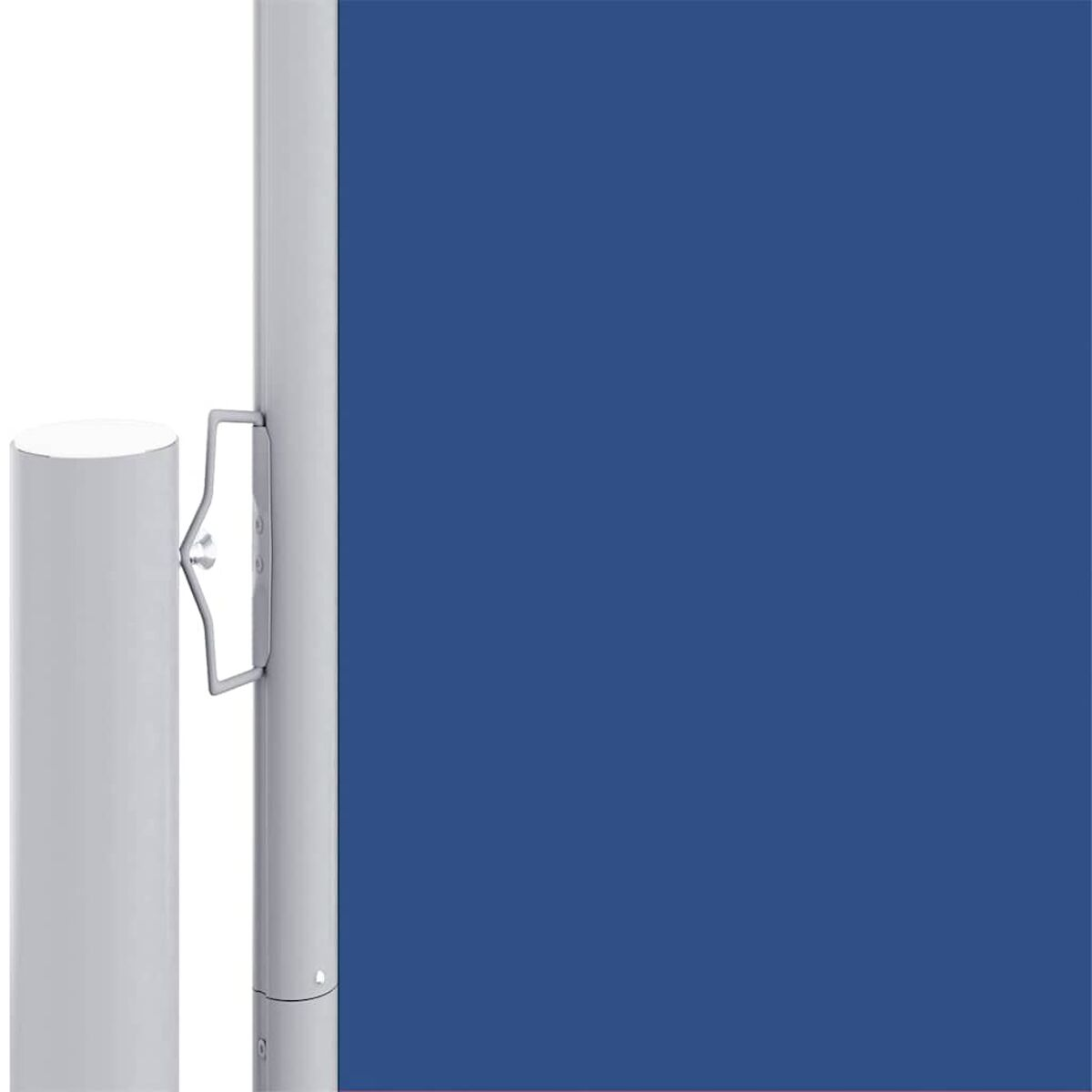 Abschnitt einer blauen Barriere mit weißem Pfosten und Metallstütze.