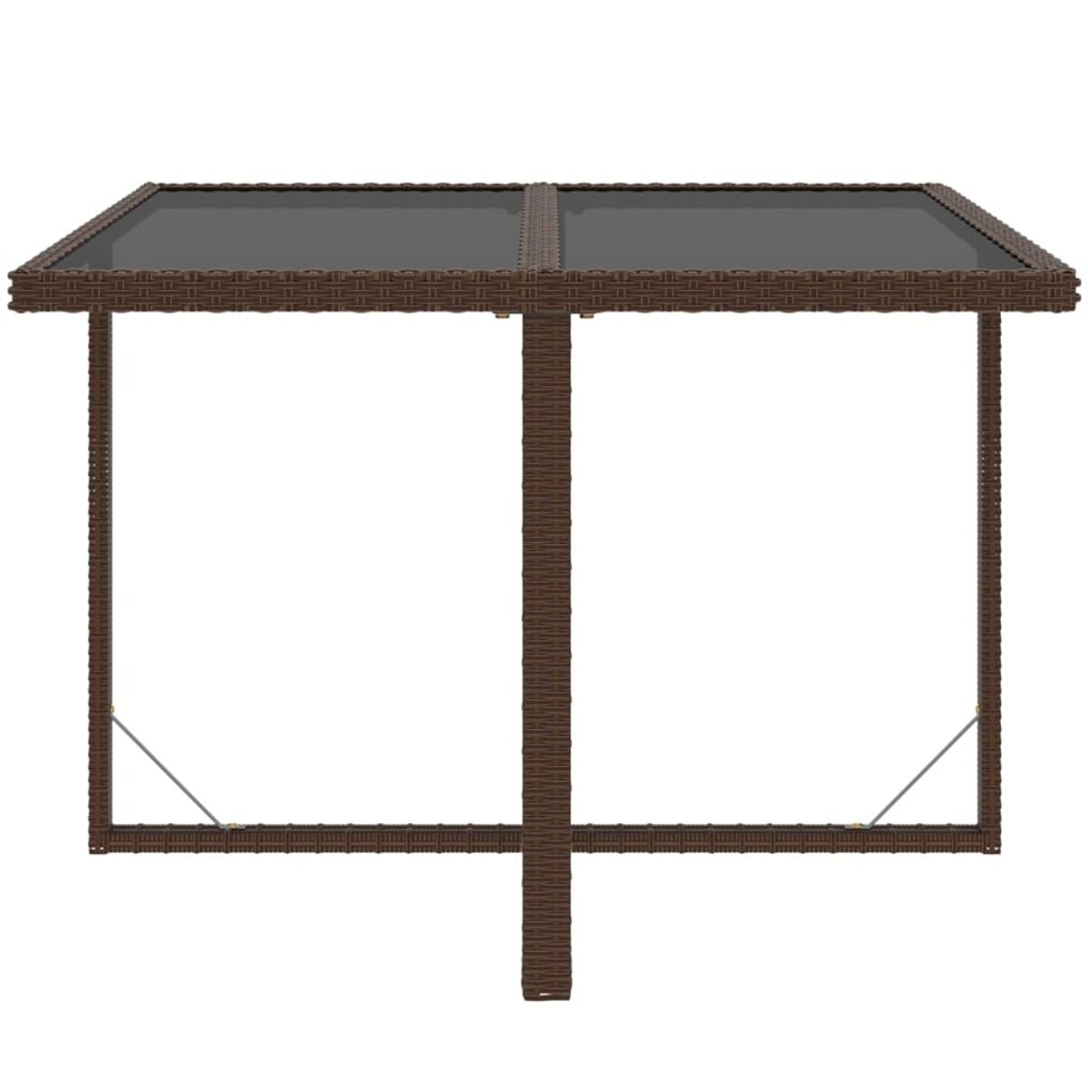 Rechteckiger brauner Korbtisch mit Glasplatte.