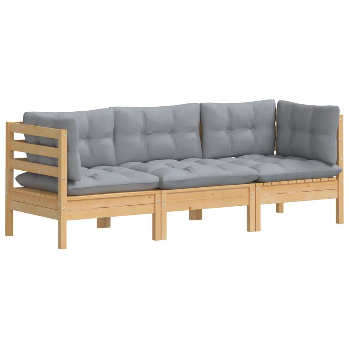Ein hellbraunes Holzsofa mit grauen Kissen. Es hat ein einfaches, rechteckiges Design.