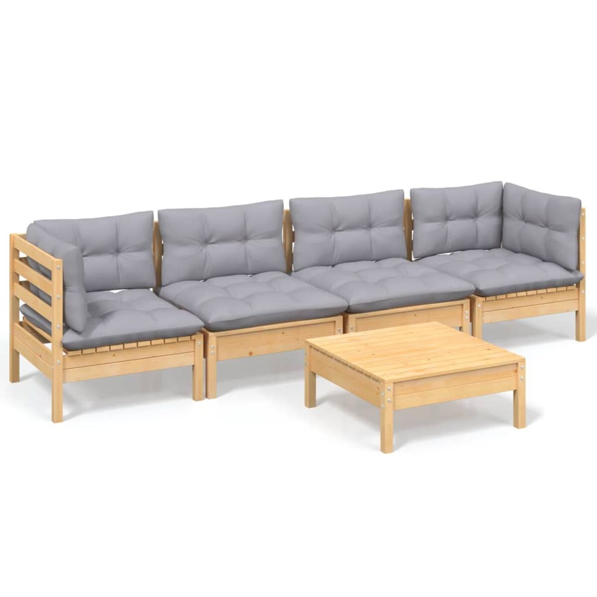 Helles Holzmöbel-Set für draußen mit grauen Kissen und einem Tisch.