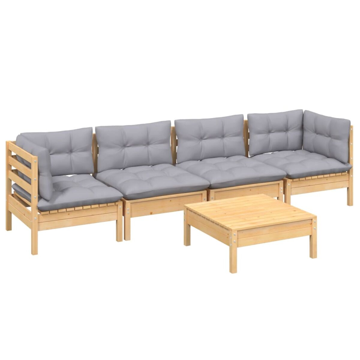 Modulares Outdoor-Sofa-Set mit grauen Kissen und einem kleinen passenden Tisch. Weißer Hintergrund.