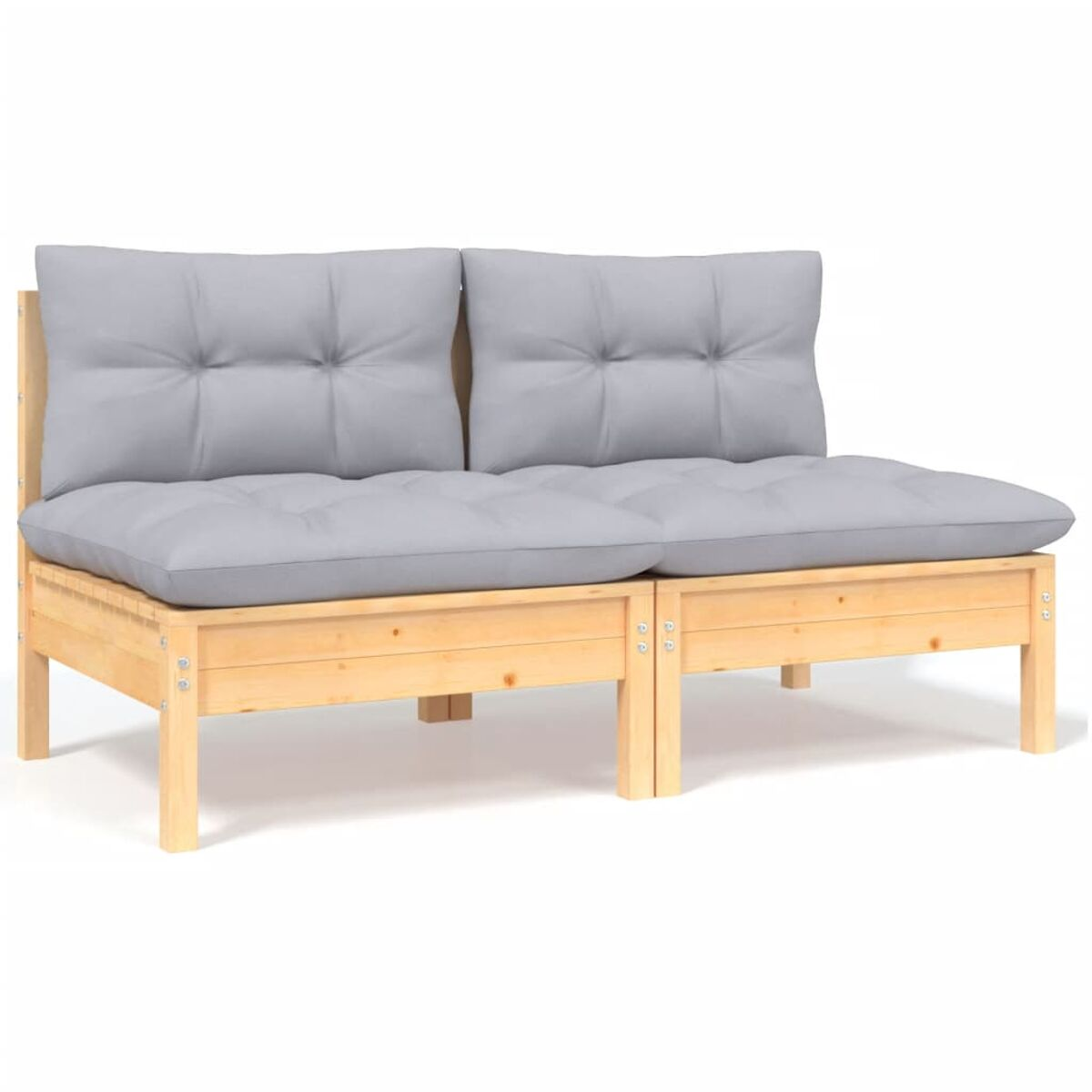 Ein zweisitziges Holzsofa mit grauen Kissen vor weißem Hintergrund.