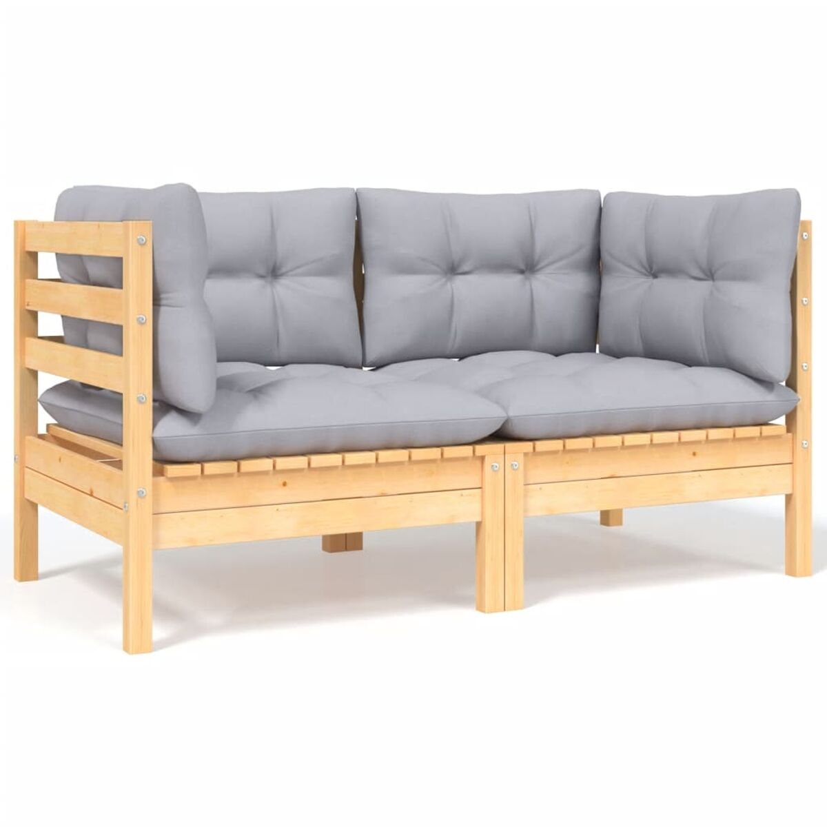 Zweisitzer-Sofa aus Holz mit hellbraunem Rahmen und grauen Kissen auf weißem Hintergrund.
