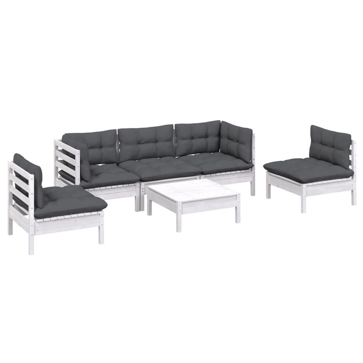Set di divani da esterno in legno bianco con cuscini grigi. Include divano angolare, tavolino e due sedie.